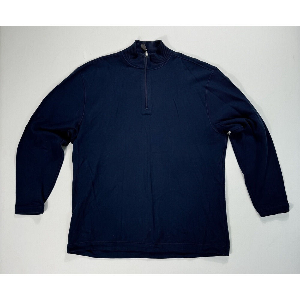 Johnston & Murphy Mens Large 1/4 Zip Sweater Navy Blue Cotton Pullover Classic